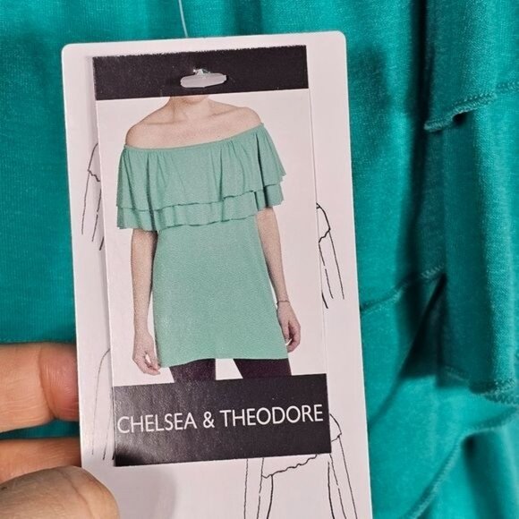 Chelsea and Theodore Aqua Ruffle Tiered Tunic Sz S Stretchy Soft 4 Way Neckline - Picture 7 of 8